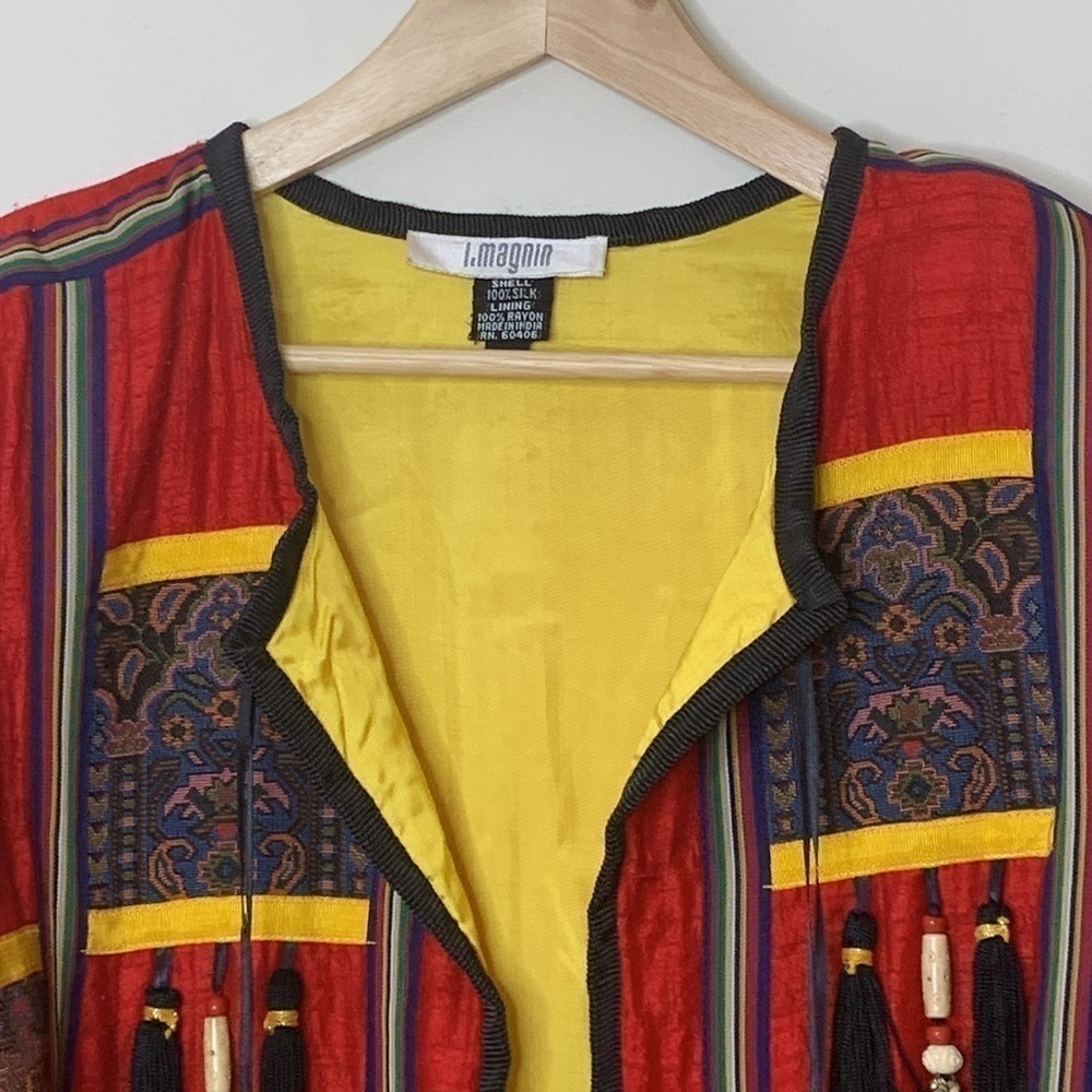 I Magnin Vintage Silk Embroidered Tapestry Tassel Beaded Patchwork Art Jacket L - Picture 4 of 17